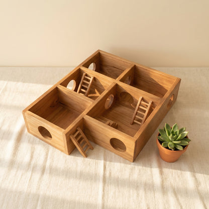 Multi-chamber wooden habitat for small pets